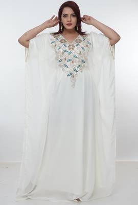 White embroidered georgette islamic-kaftans 3