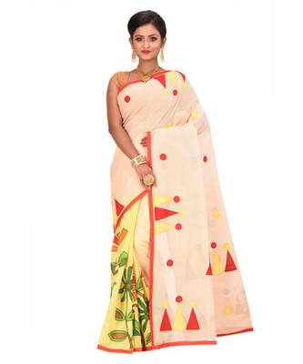 White Cotton Printed Tant Saree Without Blouse Piece 1
