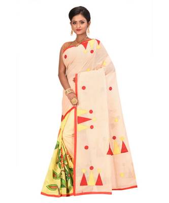 White Cotton Printed Tant Saree Without Blouse Piece 2