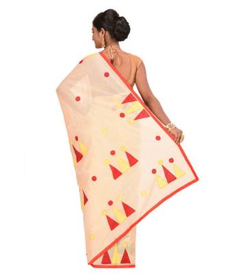 White Cotton Printed Tant Saree Without Blouse Piece 3