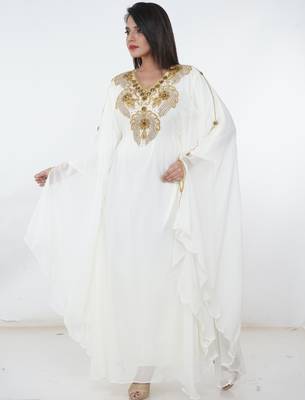 White embroidered georgette islamic-kaftans 5