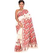 White Handmade Shantiniketan Pure Silk Kantha Stitched Saree With Blouse Piece