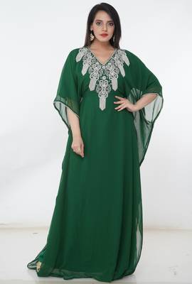 Green embroidered georgette islamic-kaftans 3
