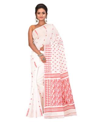 White Embroidered Jamdani Handloom Cotton Blend Saree  Without Blouse Piece 1
