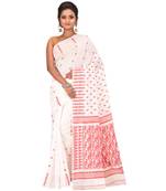 White Embroidered Jamdani Handloom Cotton Blend Saree  Without Blouse Piece