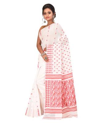 White Embroidered Jamdani Handloom Cotton Blend Saree  Without Blouse Piece 2