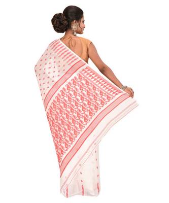 White Embroidered Jamdani Handloom Cotton Blend Saree  Without Blouse Piece 3