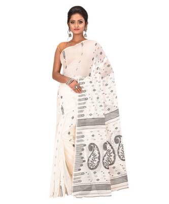 White Embroidered Jamdani Handloom Cotton Blend Saree  Without Blouse Piece 1