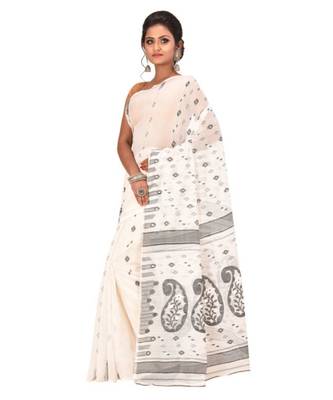 White Embroidered Jamdani Handloom Cotton Blend Saree  Without Blouse Piece 2