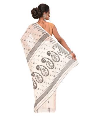 White Embroidered Jamdani Handloom Cotton Blend Saree  Without Blouse Piece 3