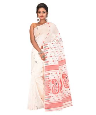 White Embroidered Jamdani Handloom Cotton Blend Saree  Without Blouse Piece 1