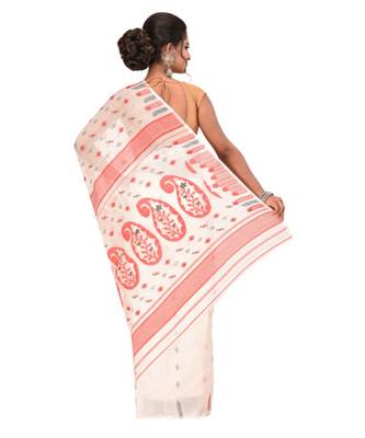 White Embroidered Jamdani Handloom Cotton Blend Saree  Without Blouse Piece 2