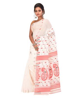 White Embroidered Jamdani Handloom Cotton Blend Saree  Without Blouse Piece 3