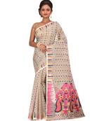 White Embroidered Jamdani Handloom Cotton Blend Saree  Without Blouse Piece