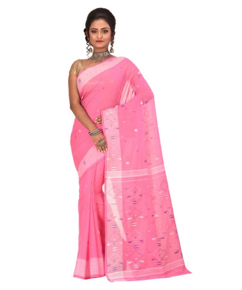 Pink Embroidered Jamdani Handloom Cotton Blend Saree  Without Blouse Piece