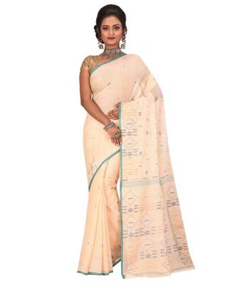 White Embroidered Jamdani Handloom Cotton Blend Saree  Without Blouse Piece 1