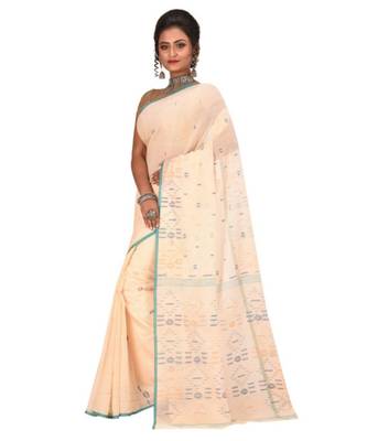 White Embroidered Jamdani Handloom Cotton Blend Saree  Without Blouse Piece 2