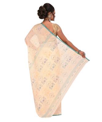 White Embroidered Jamdani Handloom Cotton Blend Saree  Without Blouse Piece 3
