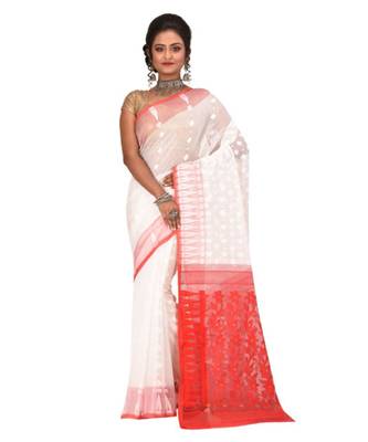 White Embroidered Jamdani Handloom Cotton Blend Saree  Without Blouse Piece 1