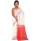 White Embroidered Jamdani Handloom Cotton Blend Saree  Without Blouse Piece