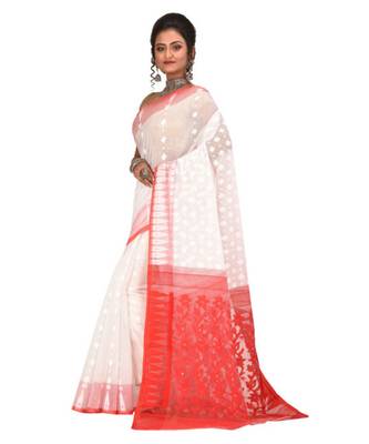 White Embroidered Jamdani Handloom Cotton Blend Saree  Without Blouse Piece 2