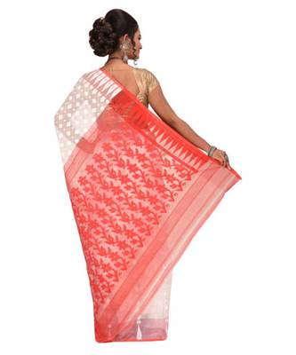 White Embroidered Jamdani Handloom Cotton Blend Saree  Without Blouse Piece 3