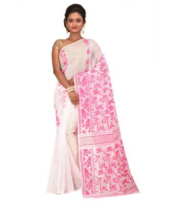 White Embroidered Jamdani Handloom Cotton Blend Saree  Without Blouse Piece 1