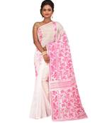 White Embroidered Jamdani Handloom Cotton Blend Saree  Without Blouse Piece