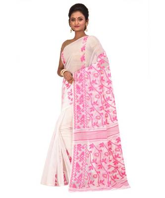White Embroidered Jamdani Handloom Cotton Blend Saree  Without Blouse Piece 2
