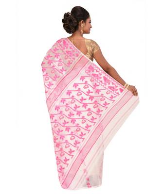 White Embroidered Jamdani Handloom Cotton Blend Saree  Without Blouse Piece 3