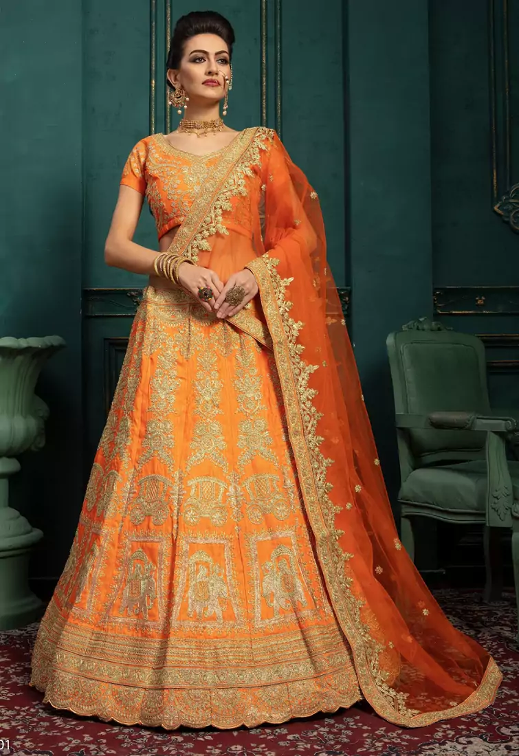Women's Orange Silk Sequin Embroidered Lehenga Choli