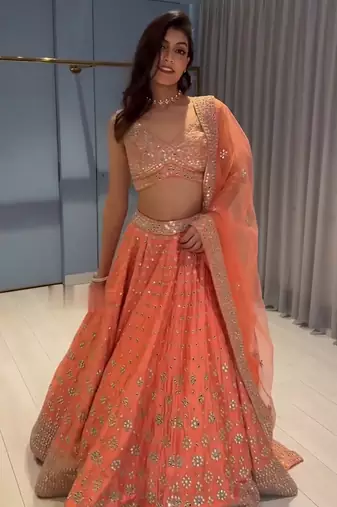 Women'S Orange Silk Sequin Embroidered Lehenga Choli
