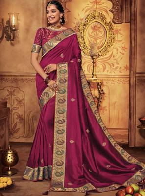 Purple embroidered silk saree with blouse 1