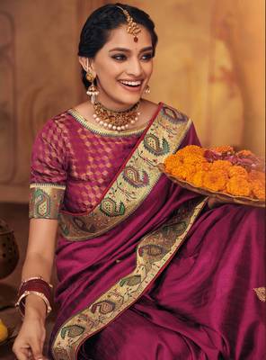 Purple embroidered silk saree with blouse 2