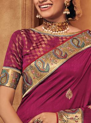 Purple embroidered silk saree with blouse 3
