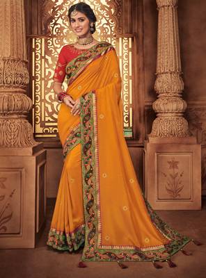 Orange embroidered silk saree with blouse 1