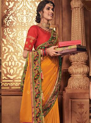 Orange embroidered silk saree with blouse 2