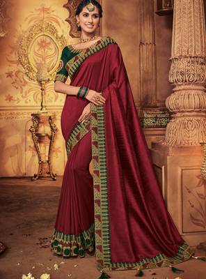 Maroon embroidered silk saree with blouse 1