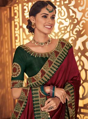 Maroon embroidered silk saree with blouse 2
