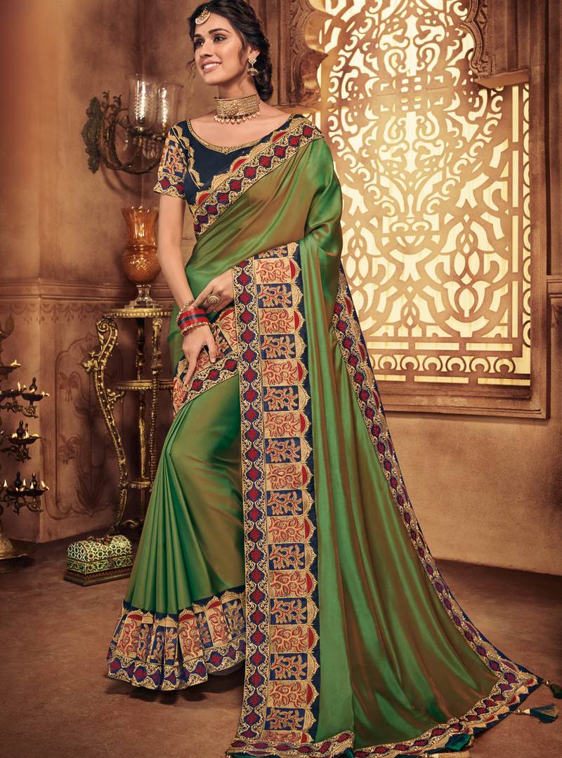 Multicolor embroidered silk saree with blouse