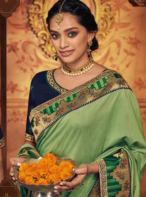 Green embroidered silk saree with blouse 3