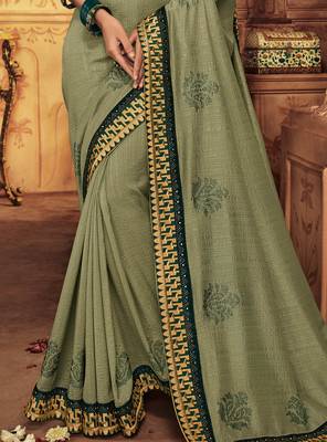 Green embroidered silk saree with blouse 3