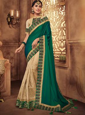 Dark parrot green embroidered silk saree with blouse 1