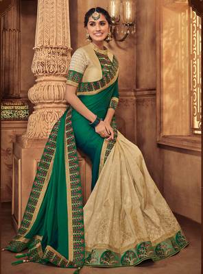 Dark parrot green embroidered silk saree with blouse 2