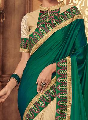 Dark parrot green embroidered silk saree with blouse 3
