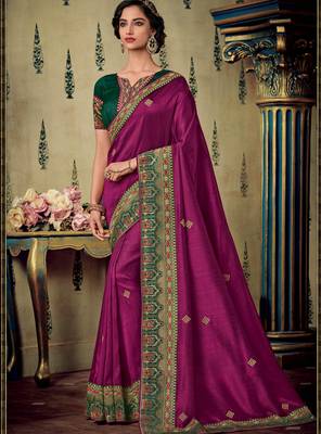 Purple embroidered silk saree with blouse 1