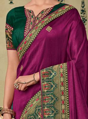 Purple embroidered silk saree with blouse 3
