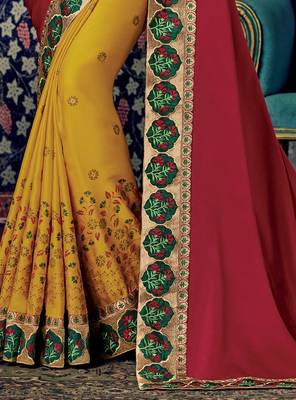 Red embroidered silk saree with blouse 3