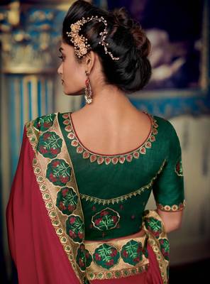 Red embroidered silk saree with blouse 4