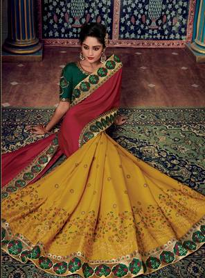Red embroidered silk saree with blouse 5